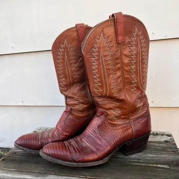 Vintage Dan Post 12A Tegu Teju Lizard brown cognac cowboy western boots